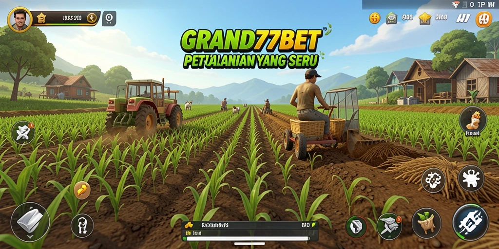 Tampilan gameplay seru di GRAND77BET dengan aktivitas bertani yang menyenangkan.