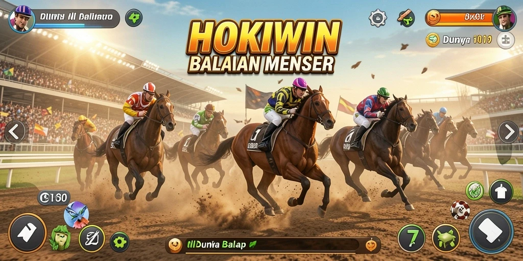Tampilan gameplay HOKIWIN dengan aksi balap seru dan dramatis.