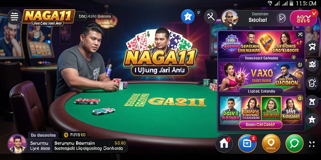Screenshot gameplay NAGA11 menampilkan interaksi dealer langsung dengan pemain.