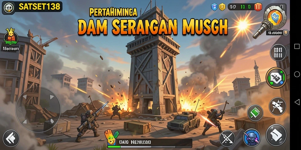 Screenshot SATSET138 menampilkan aksi heroik mempertahankan menara dari serangan musuh.