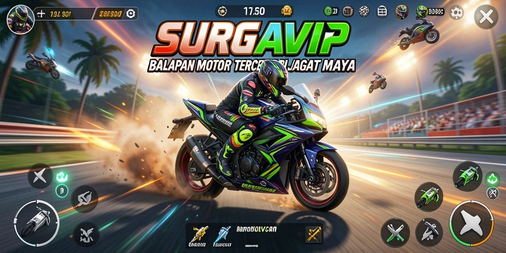 Gameplay mendebarkan di SURGAVIP dengan balapan motor yang intens.