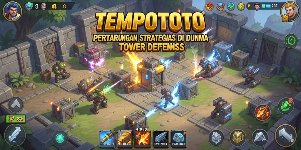 Screenshot utama TEMPOTOTO menampilkan aksi pertahanan tower yang intens.